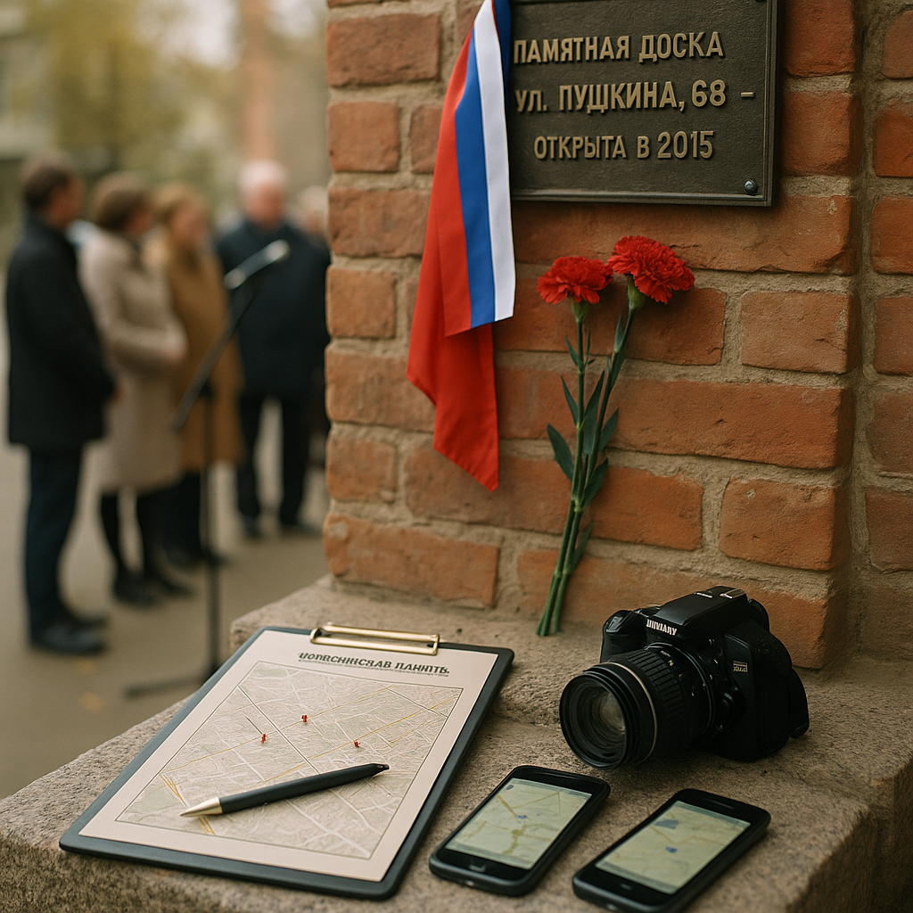 Tight close-up, photographic realism: the bronze memorial plaque at 68 Pushkina Street (ул. Пушкина,