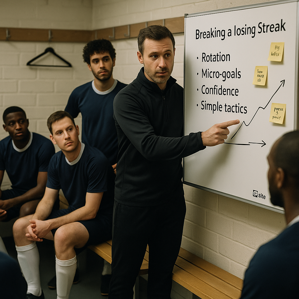 Photographic image: top‑down view on a locker‑room bench and tactics table; a pitch board
